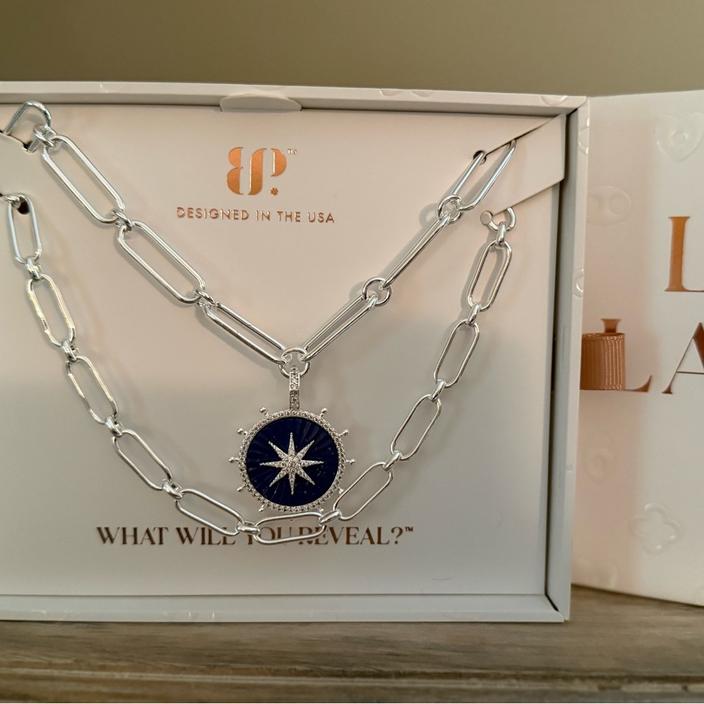 Silver Chain Necklace with Blue Starburst Pendant - Picture 2 of 6